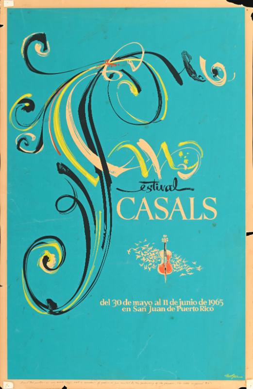 A poster of elaborately decorated cursive writing above a violin on a blue background