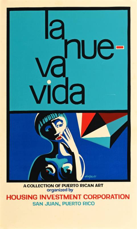 A poster of a nude abstract figure with their hand over their mouth next to a geometric arrow on a blue background
