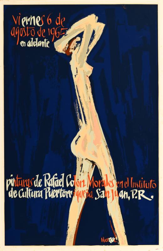 A poster of a nude white figure with their hands over their head on a blue background