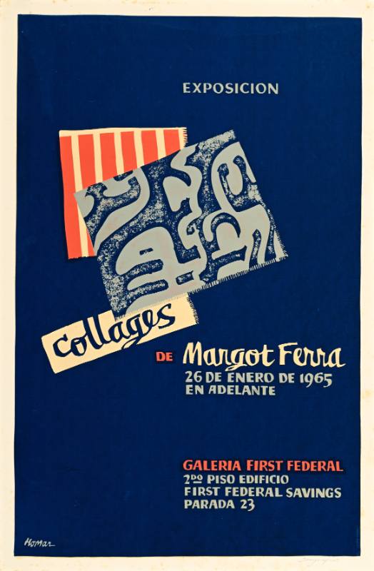 A poster of collaged papers with various textures on a blue background