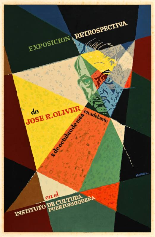 A poster of a man's face on top of a geometric colorful background