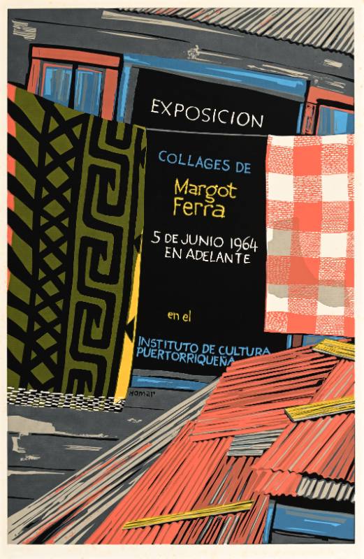 A poster of collaged paper with various colorful patterns on a grey background