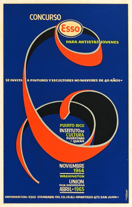 A poster of a red spiral on a blue background