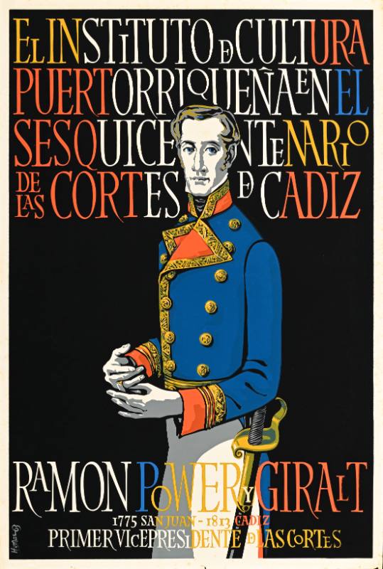 A poster of a man in a blue military jacket in front of dense text on a black background