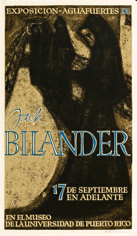 A poster of shadowy female figures standing in a line with blue text on a beige background