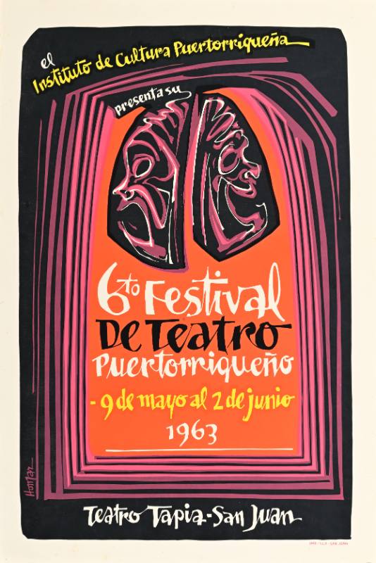 A poster of purple theater masks on a black background