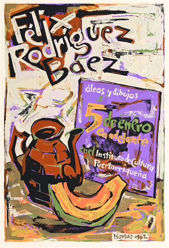 A poster of a slice of melon, a teapot, and a purple book on a table