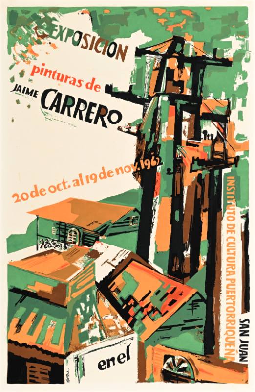 A poster of a colorful town on a green background