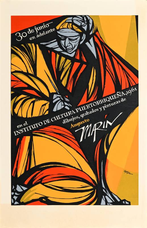 A poster of a woman in abstract red and orange clothing looking downwards