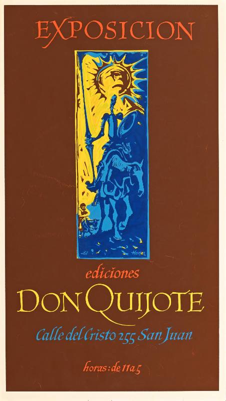 A poster of a man on horseback on a brown background