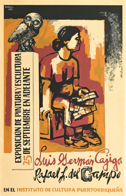 A poster of a woman sitting in a chair with papers in her hands next to an owl on a block of text