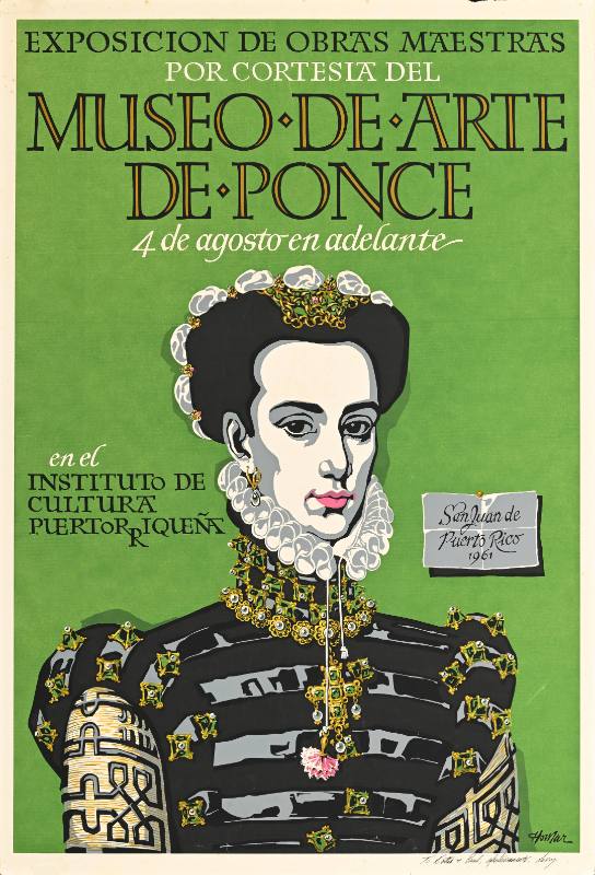 A poster of a woman in an old fashioned dress and neck ruff on a green background