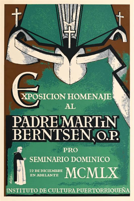 A poster of white buildings connected to one another with a wall and crosses with a small monk at the bottom