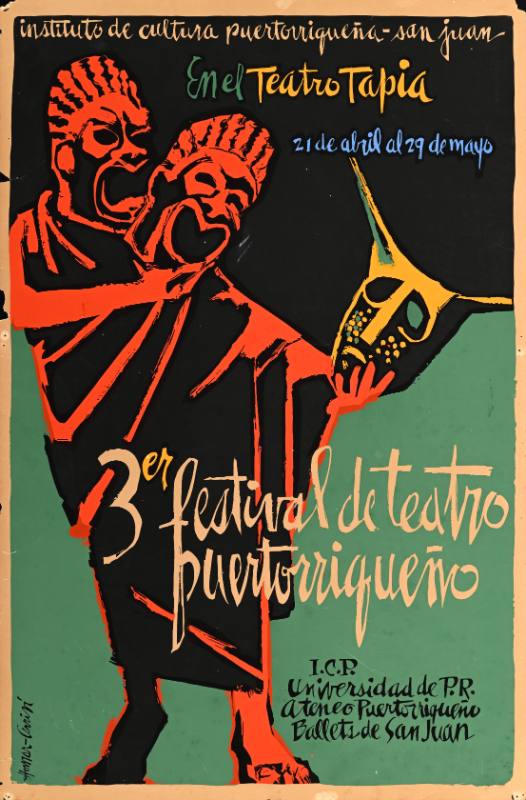 A poster of an actor in a mask holding two other masks in their hand behind handwritten text