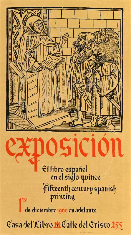 A poster of men approaching a seated figure holding a book on a beige background with ornamented red text