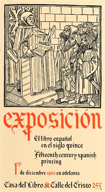 A poster of men approaching a seated figure holding a book on a beige background with ornamented red text