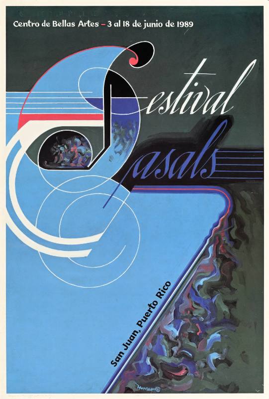 A poster of ornamented text on a blue and black background