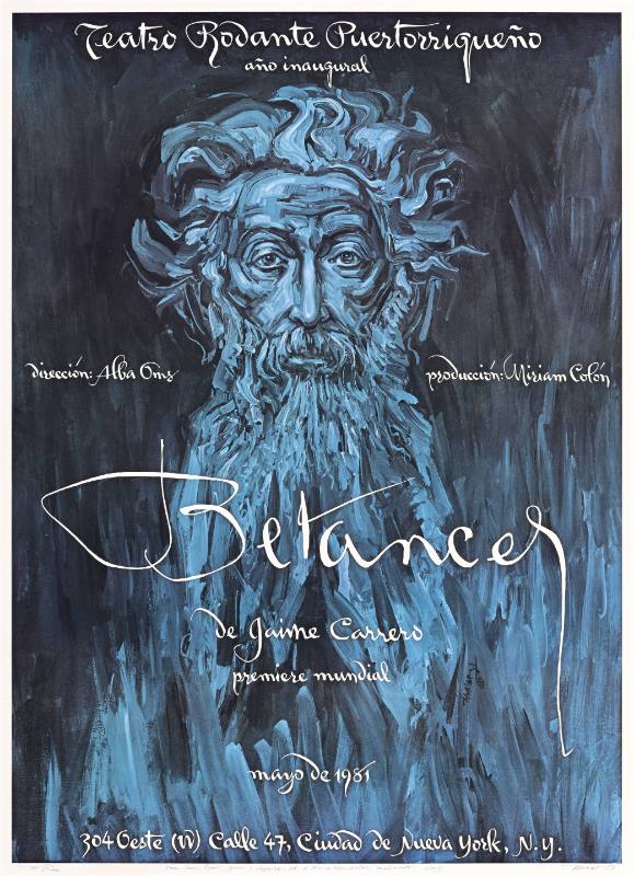 A poster of a man with a long beard on a blue background