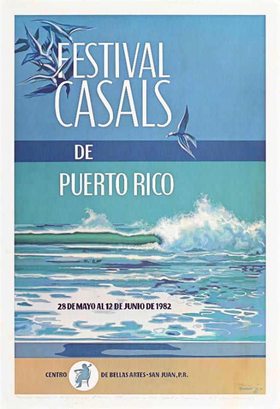 A poster of a beach with birds and text at the upper righthand corner