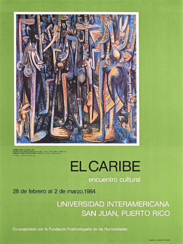 A poster of tall abstract figures on a green background