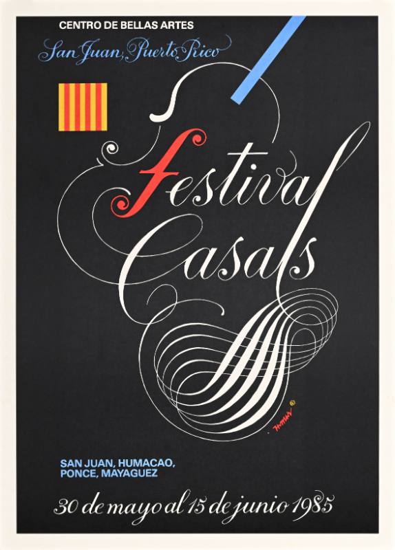 A poster of a violin and swirling cursive text on a black background