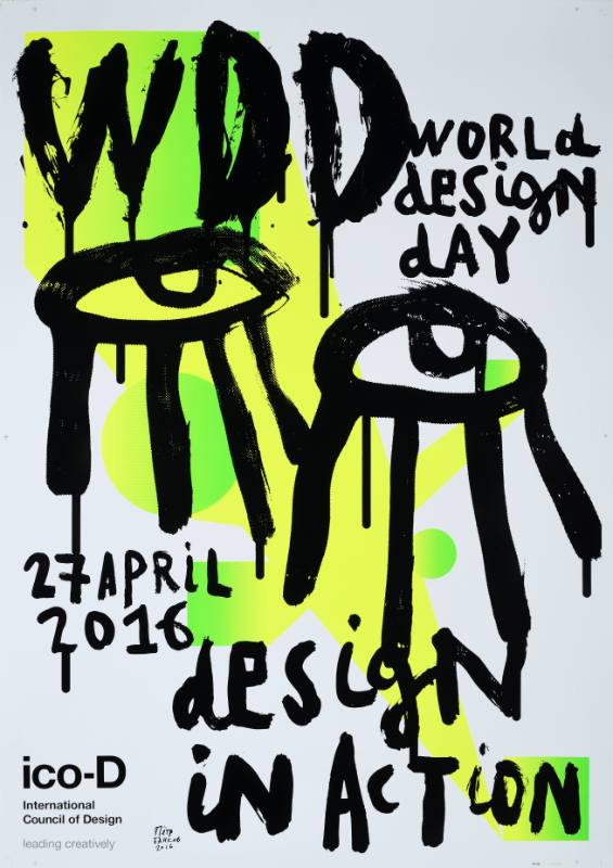 An illustrational poster of two eyes with lines dripping out of them over a yellow and green design.