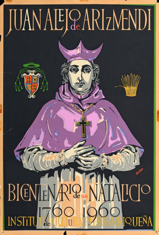 A poster of a man in a purple cape holding a crucifix on a black background