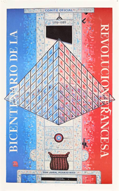 A poster of a crystal pyramid on a red, white, and blue background