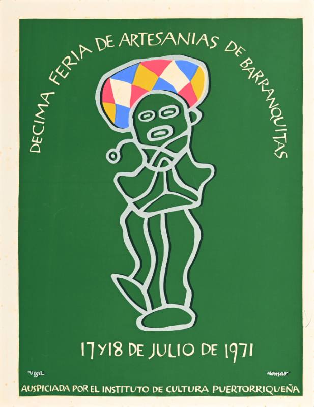 A poster of an abstract clown in a colorful hat on a green background