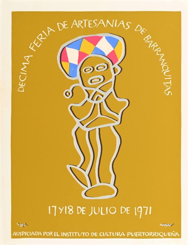 A poster of an abstract clown in a colorful hat on a yellow background