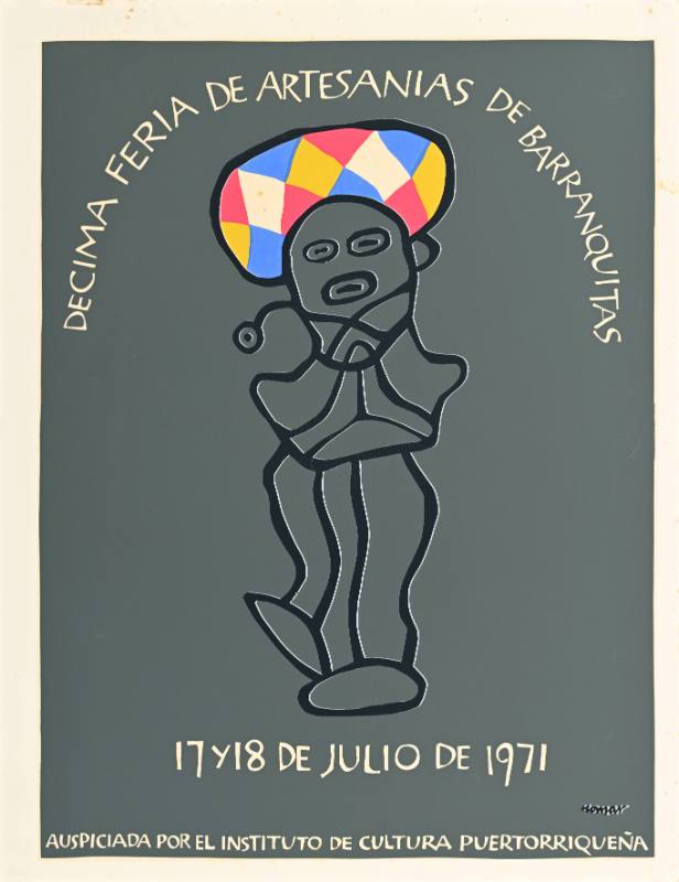 A poster of an abstract clown in a colorful hat on a grey background