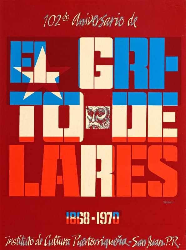 A poster of blocky letters with the Puerto Rican flag inside on a red background