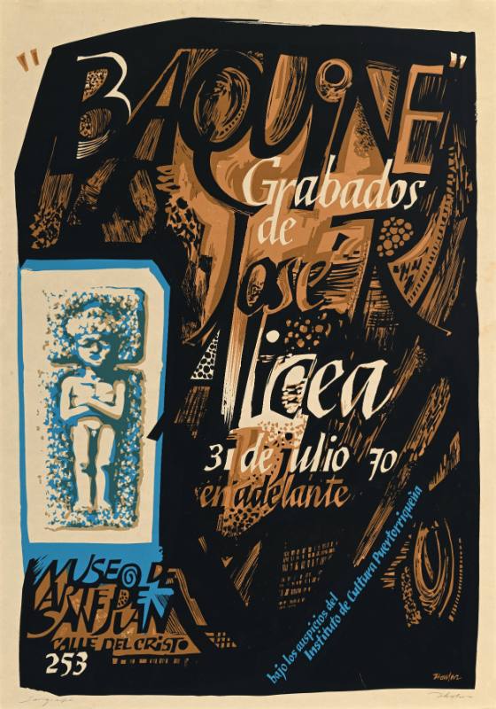 A poster of brown abstract letters with a white doll with its arms crossed