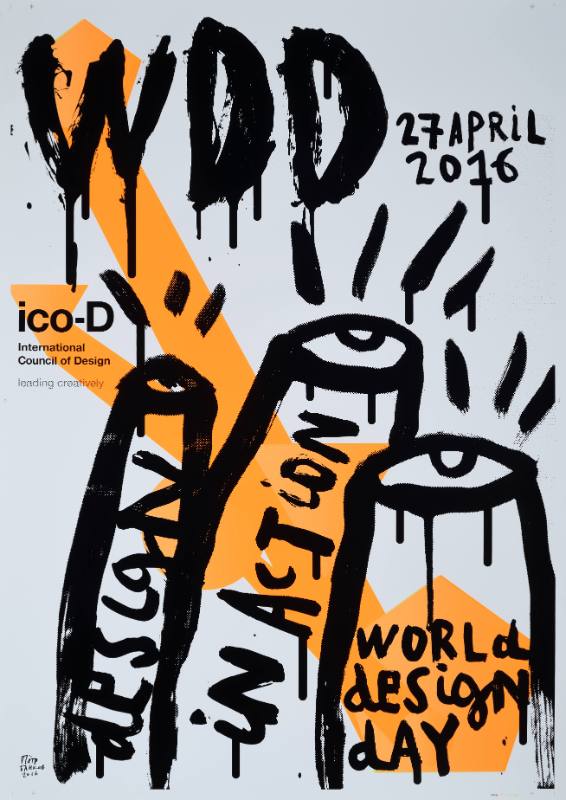 An illustrational poster of three columns ending in eyes over an orange design.