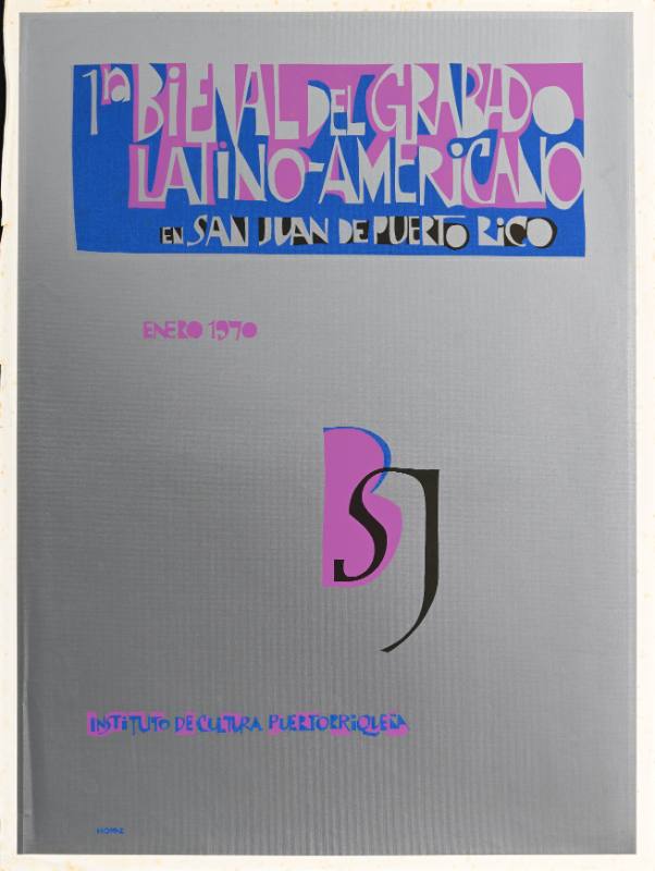 A poster of abstract pink and blue letters on a white background