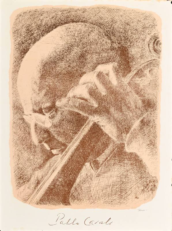 A poster of a bald man playing a cello