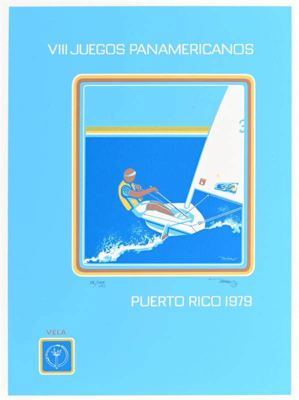 A poster of a brown figure steering a boat on a light blue background