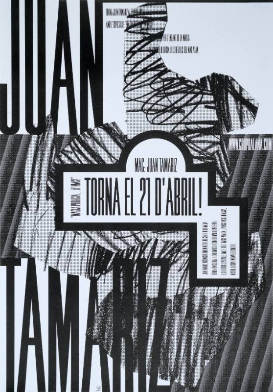 A black and white illustrational poster covered with designs in various size halftones.