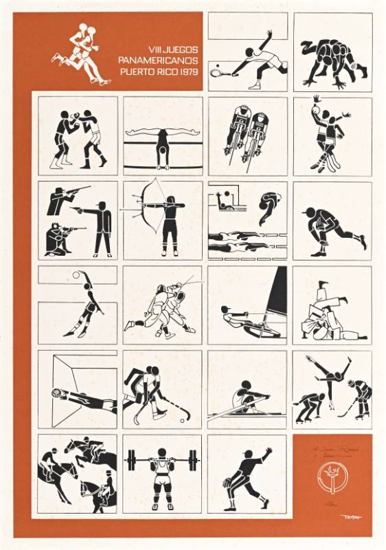 A poster made out of squares featuring cartoon figures playing sports on a brown background