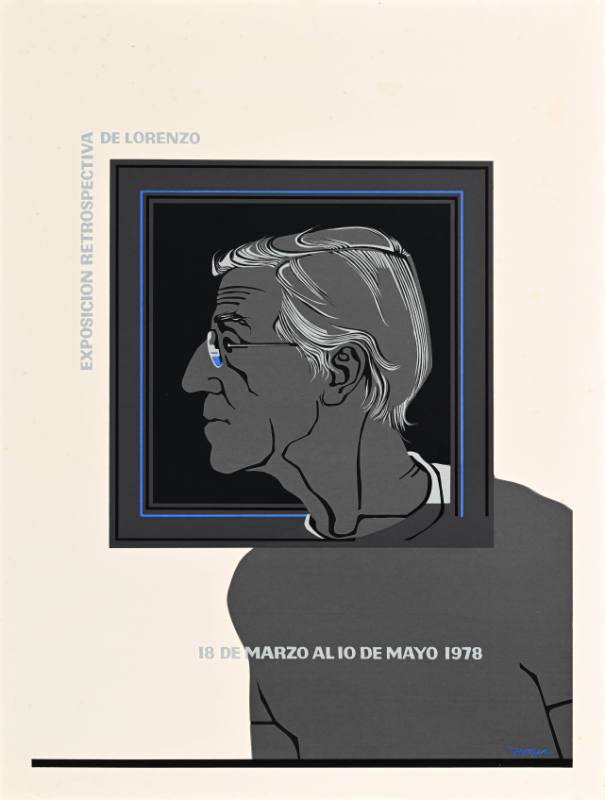 A poster of a man with glasses looking to the left with his hand inside of a square on a white background