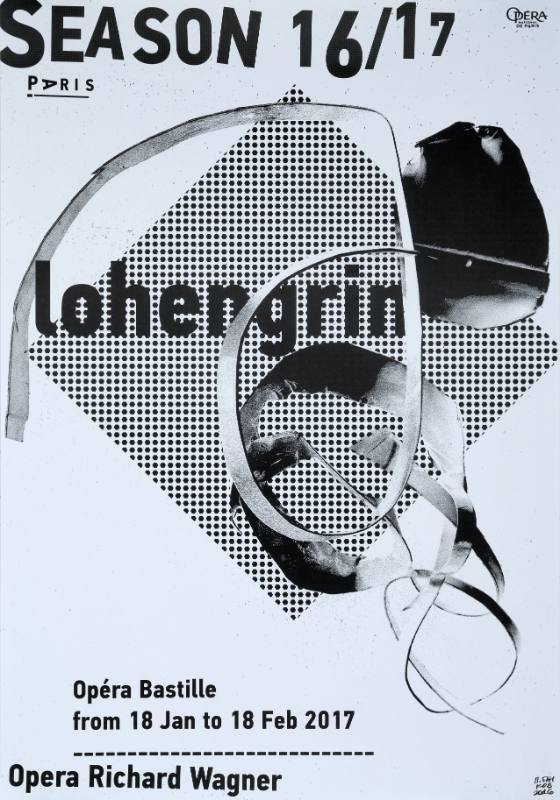 A black and white illustrational poster featuring a twisted piece of metal over a square covered in dots.