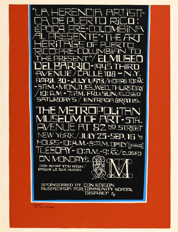 A poster of white blocky text on a black and red background