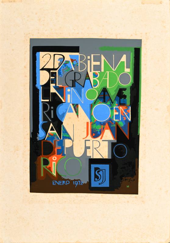 A poster of colorful abstract text on a beige background