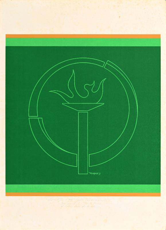 A poster of a lit torch inside a ring on a green background