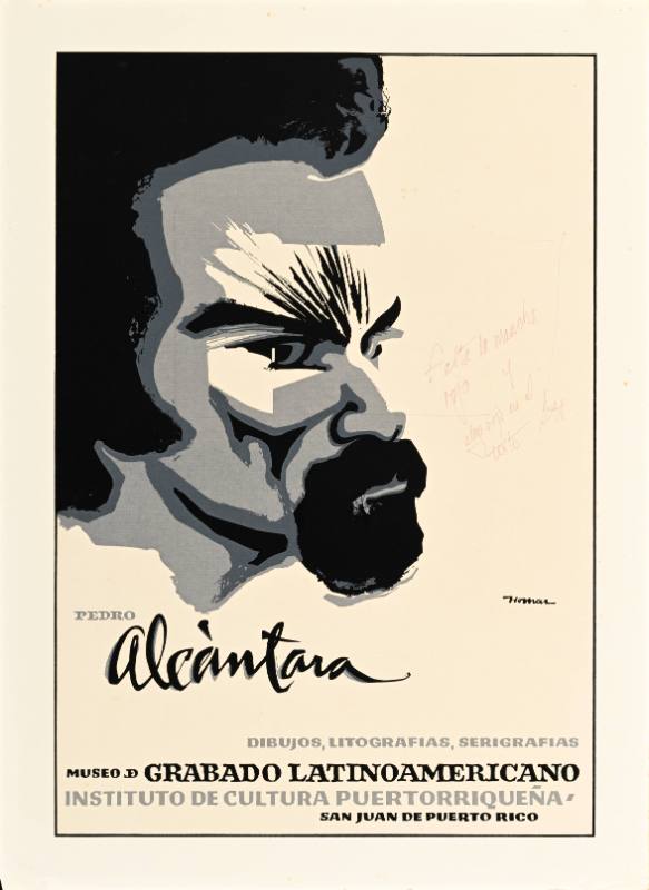 A poster of a man with a dark goatee and afro on a white background