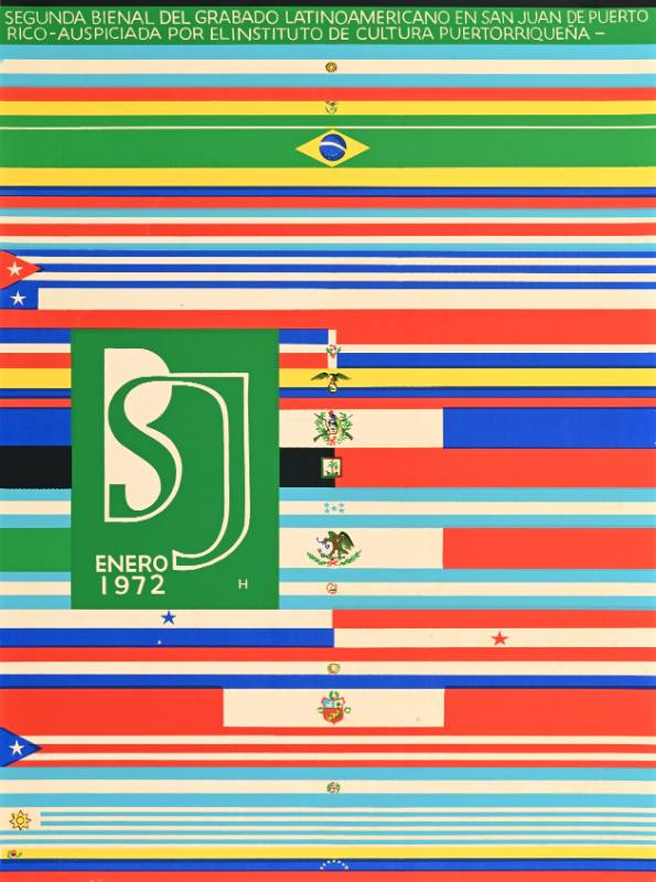 A poster of stripes made out of countries of the world with a green square with the letters SJ inside it
