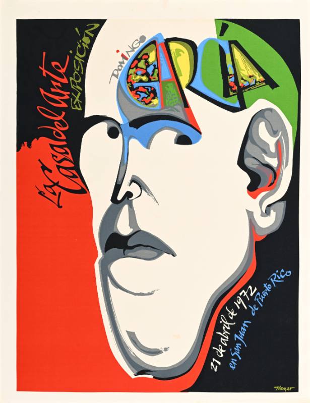 A poster of a white man's face with colroful abstract text swirling on top of it