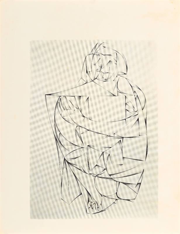 A poster of an abstract person made out of lines on a white background