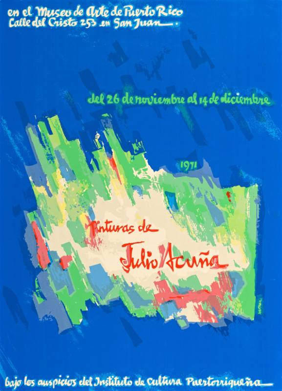 A poster of colorful green, red and white blobs with red text on top on a blue background