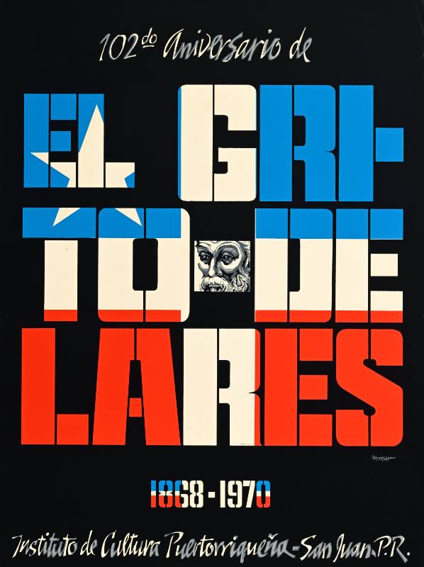 A poster of blocky letters with the Puerto Rican flag inside on a black background